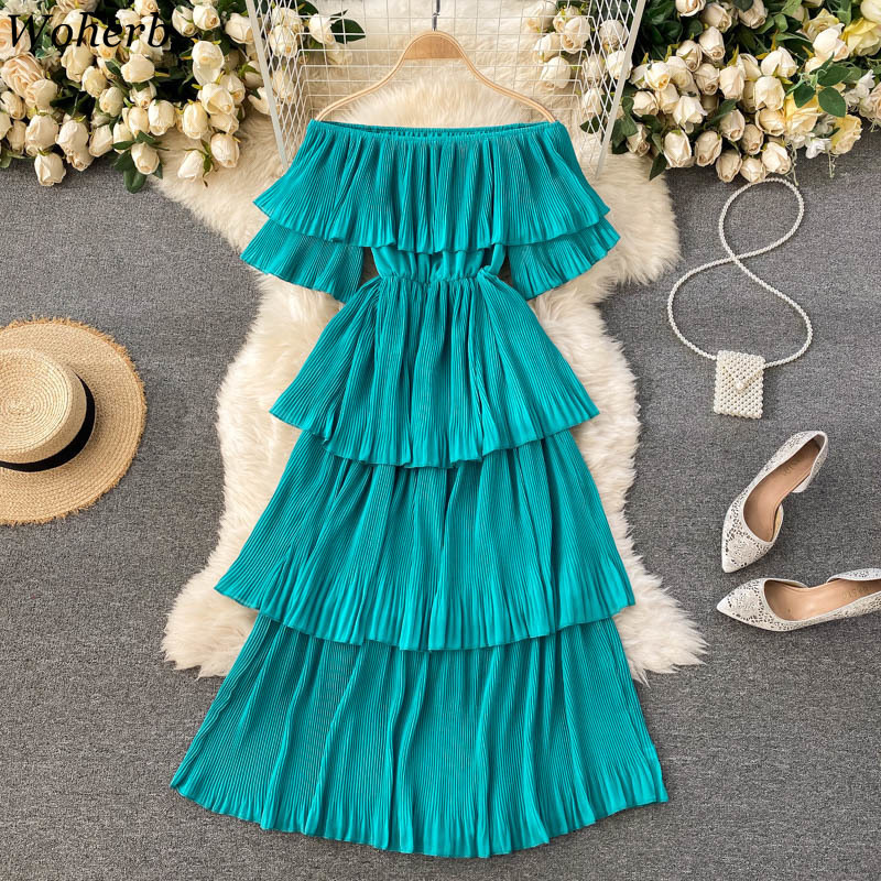 Summer Dress Women Robe Femme Off Shoulder Elegant Cake Dresses Slim Waist Korean Beach Style Solid Vestidos Mujer 210519