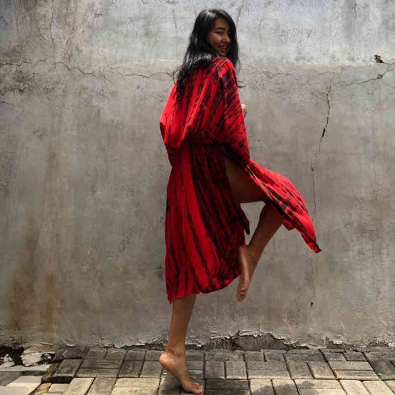 Red Striped Bikini Cover-ups Plus Size Long Kimono Sexy Belted Summer Wrap Dress Women Beach Wear Swim Suit Cover Up A859 210420