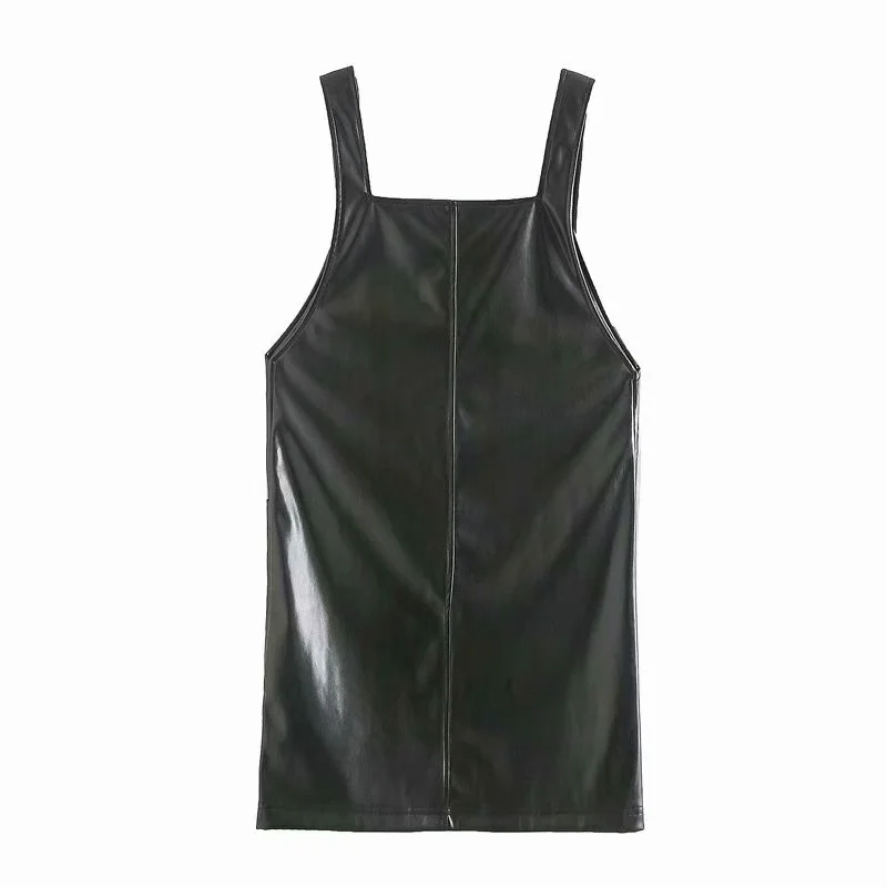 Spring Fashion Women Black PU Leather Suspender Mini Dress Female Patch Pocket Clothes Casual Lady Loose Vestido D7233 210430