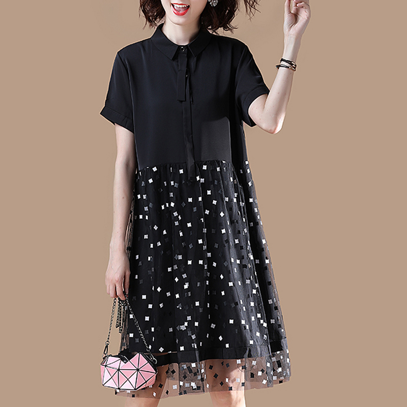 Plus Size A-Line Patchwork Women Spring Summer Short Sleeve Printing Ladies Loose Midi Shirt Dress D0D325N 210416