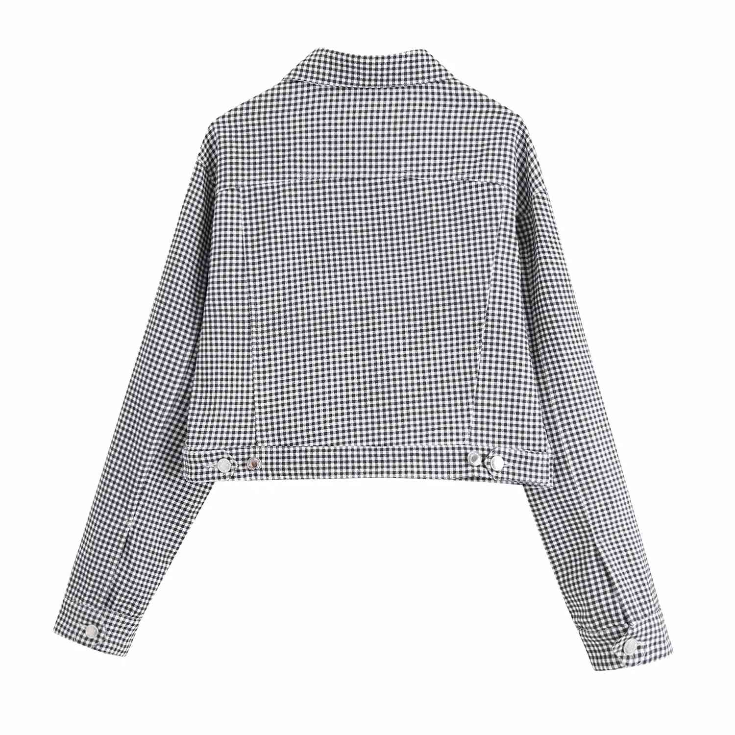 Women Houndstooth Demin Cropped Jacket Single Breasted Casual Outwear Coat Chic Female Streetwear 210521