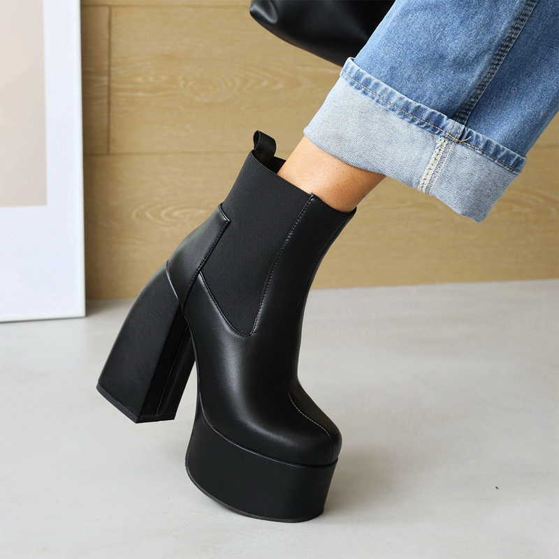 Punk Style Autumn Winter Boots Elastic Microfiber Shoes Woman Ankle Boots High Heels Black Leather Boot Platform Shoes For Women 211012
