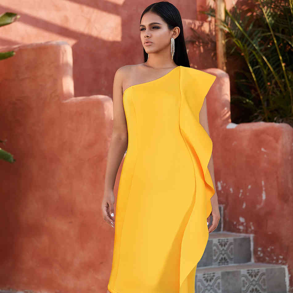 Summer Yellow One Shoulder Ruffles Ladies Celebrity Evening Party Dress Sexy Sleeveless Bodycon Club XL 210423