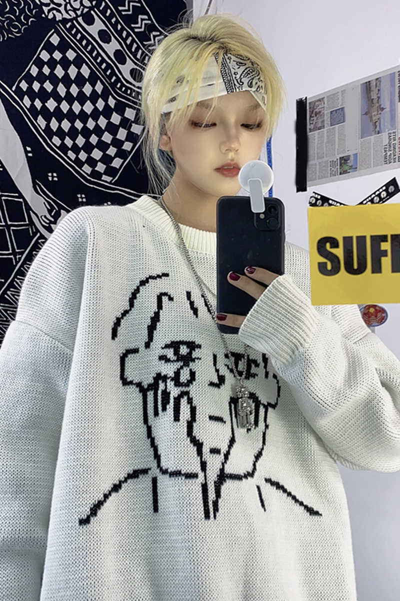 Woherb Vintage Turtleneck Pullover Sweaters for Women Harajuku Streetwear Autumn Winter Loose Cartoon Knitted Tops Jumpers 211018