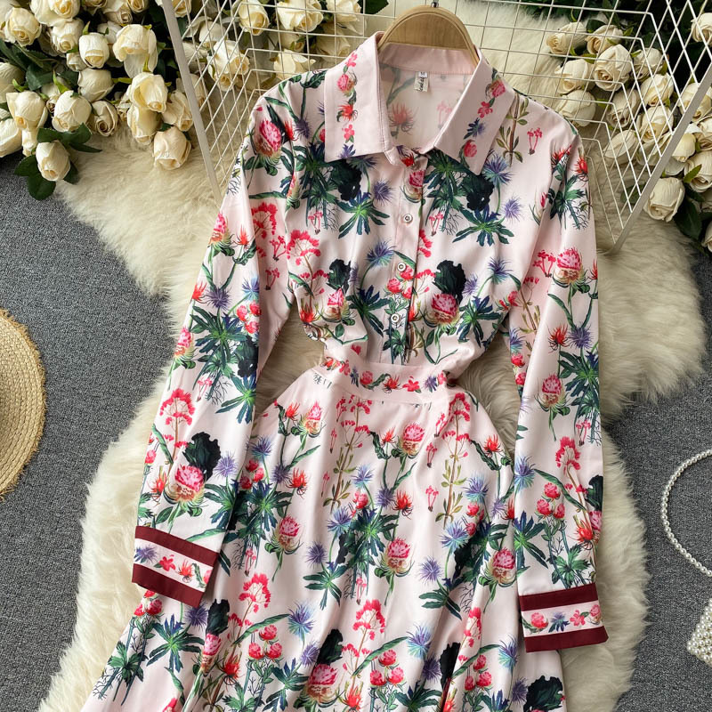 LoveFlowerLife Spring Autumn Casual Solid A Line Floral Print Dress Turndown Collar High Waist Mid Calf Women Dresses 210521
