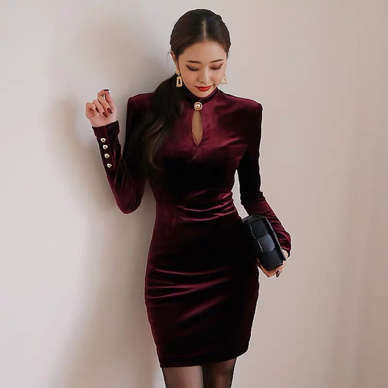 runway celebrity sexy mini dress women femme slim bodycom one button velvet red black long sleeve spring autumn dresses 210421