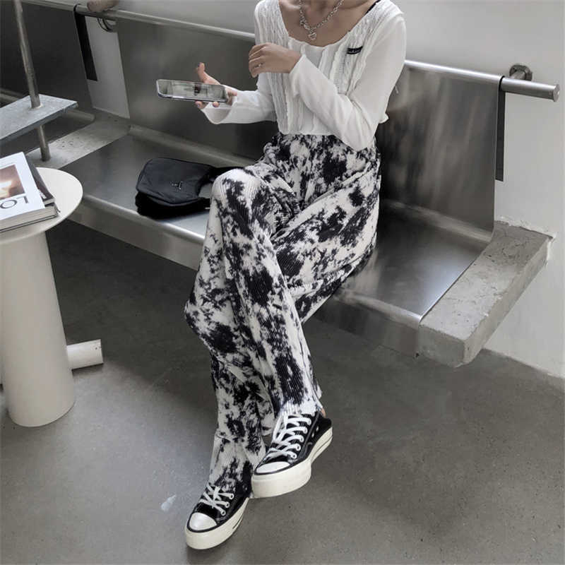 Qooth Pleated Printed Wide Leg Pant's Summer High Waist Casual Retro Thin Straight Long Elastic QT662 210609
