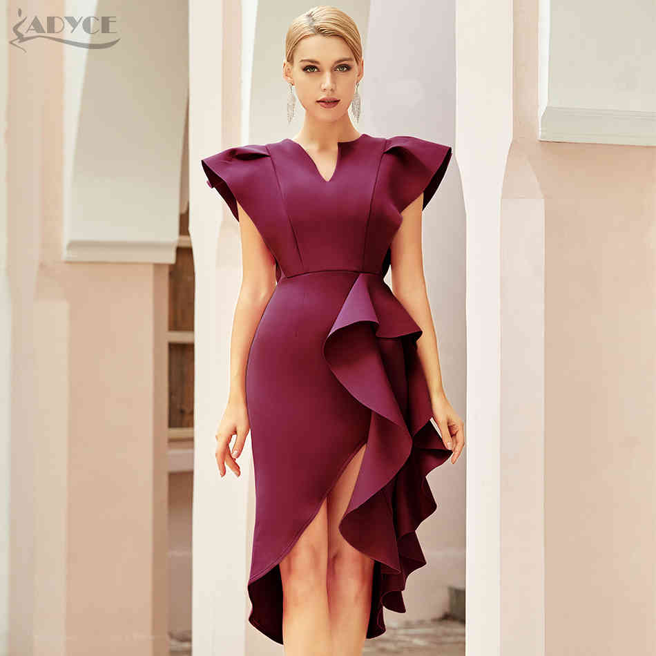 Winter Women Fashion V Neck White Ruffles Club Dress Sexy Short Sleeve Knee Length Celebrity Runway Size XL 210423