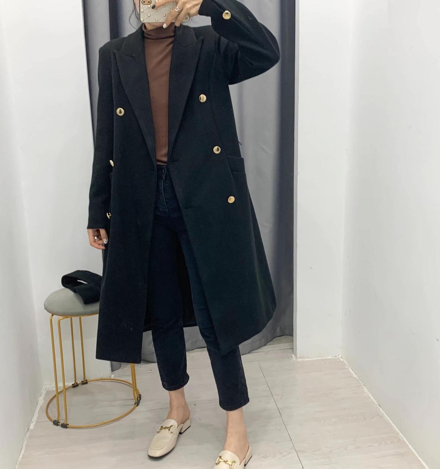 Winter Woolen Blends Long Coat With Belt Women Double-breasrted Sleeve Mid-calf Trench OL Slim fit Sahses Outerwear 210429