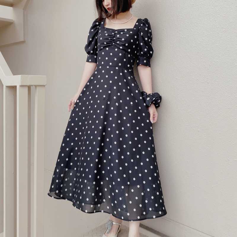 Japanese Style Kawaii Polka Dot Print Elegant Square Collar Puff Short Sleeve Female Robe Summer Slim Dresse 210525