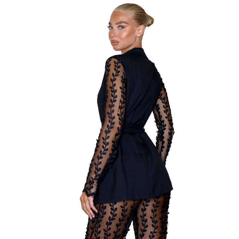 Fashionable Women Lace Party Outfits Embroidery Two Piece Sets Lady's V-Neck Sashes Tops High Waist See Through Flared Pant 210930