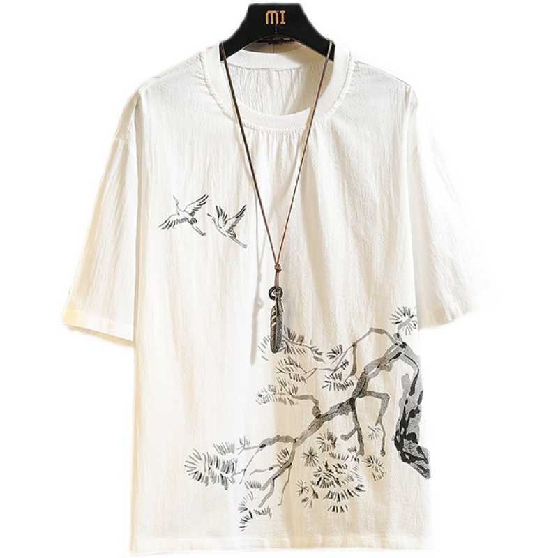 Short Sleeve Linen T Shirt Men'S Summer White Black Tshirt Top Tees Chinese Fashion Clothes OverSize 4XL 5XL O NECK 210629