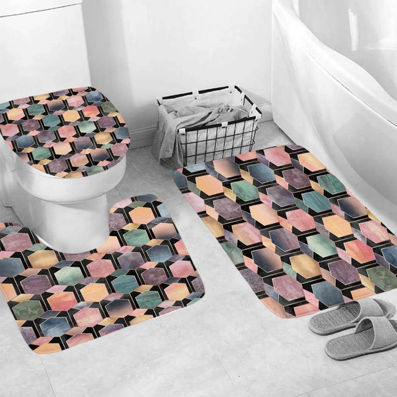 Geometry Home Bathroom 4-piece Non-slip Foot Mat Toilet Decoration Set Shower Curtain Products Bath Mats