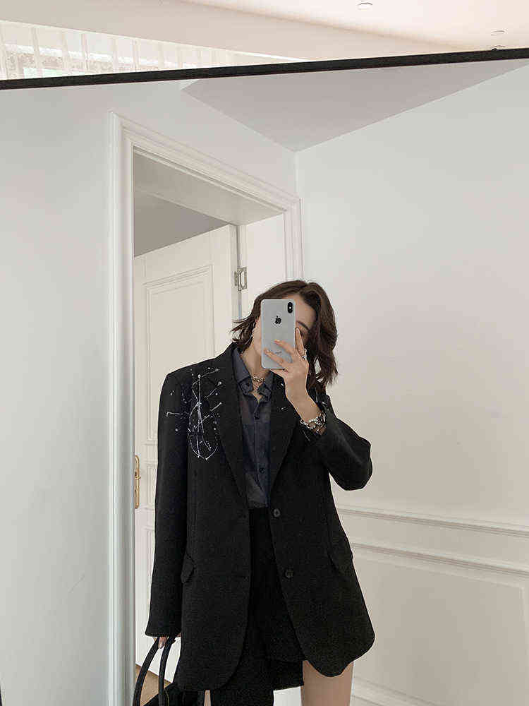 Fashion Women's Blazer Long Sleeve Niche Splash-ink Printed Casual Black French Suit Jacket Autumn 211122