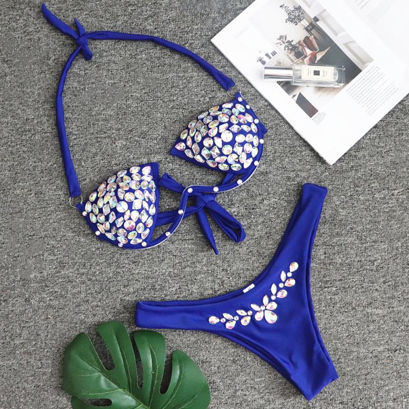 Summer Sexy Crystal Diamond Bikini Set Rhinestone Swimsuit Metal Swimwear Women Push Up Bathing Suit Biquini Monokini Women's