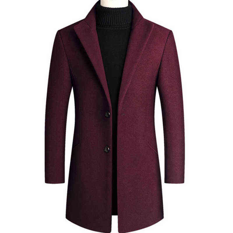 Men Woolen Trench Coat Autumn Winter Mid Long Wool & Blends Jacket Casual Men's Woolen Coat Grey/Black/Wine Red 211122