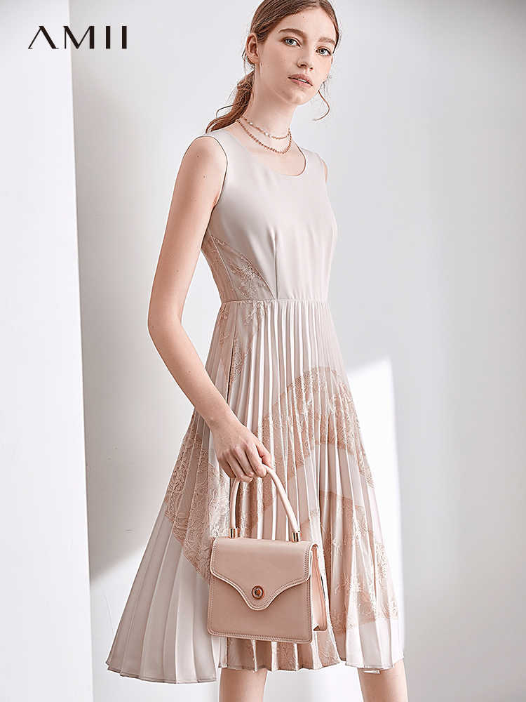 Lace Pleated Chiffon Dress Summer Women Elegant Round Neck Middle Waist Sleeveless Female Vestidos 11930148 210527