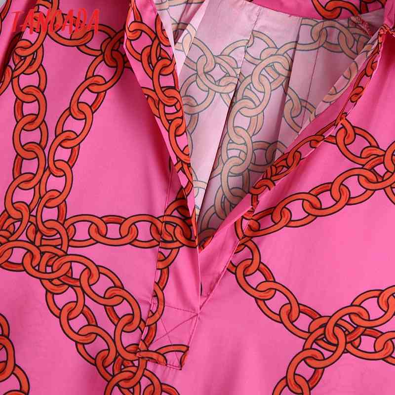 Women Chic Fashion Chain Print Midi Dress Loose Vintage Long Sleeve Button-up Female Dresses BE467 210416
