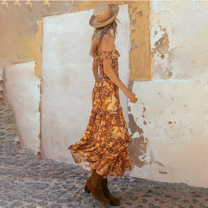 Women Dress Slash Neck Off Shoulder Bohemia es Sexy Long Print Floral Maxi Large Hem Plus Size es 210513