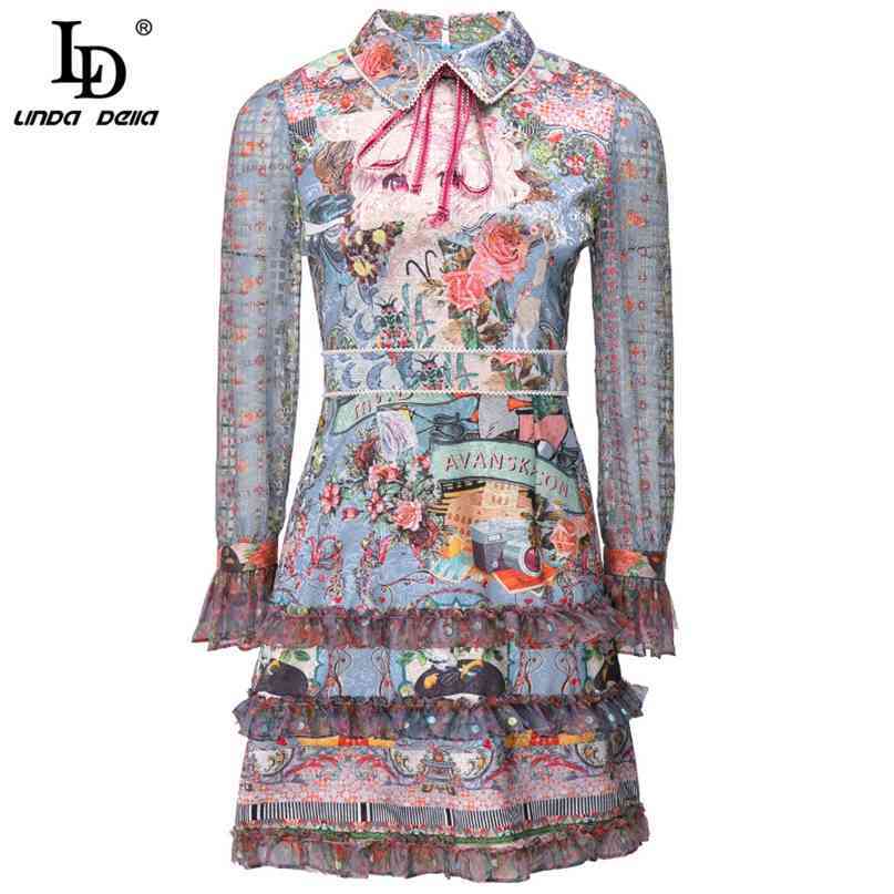 Autumn Fashion Runway Vintage Dress Women Turn-down Collar Bow Beading Graffiti Printing Ruffle A Line Mini 210522