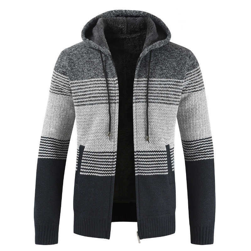 Sweater Coat Men Winter Thick Warm Hooded Cardigan Jumpers Men Striped Wool Liner Zipper Fleece Coats Men 211008