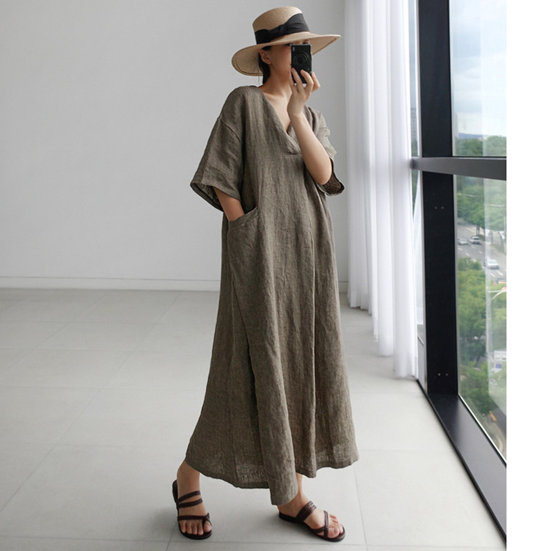 Johnature Women Vintage Cotton Linen Dresses V-Neck Solid Color Robes New Summer Short Sleeve Pockets Female Loose Dresses 210409