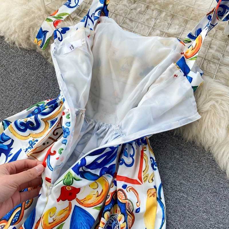 Fashion Runway Summer Dress Women's Bow Spaghetti Strap Backless Blue and White Porcelain Floral Print Long Dress 210630