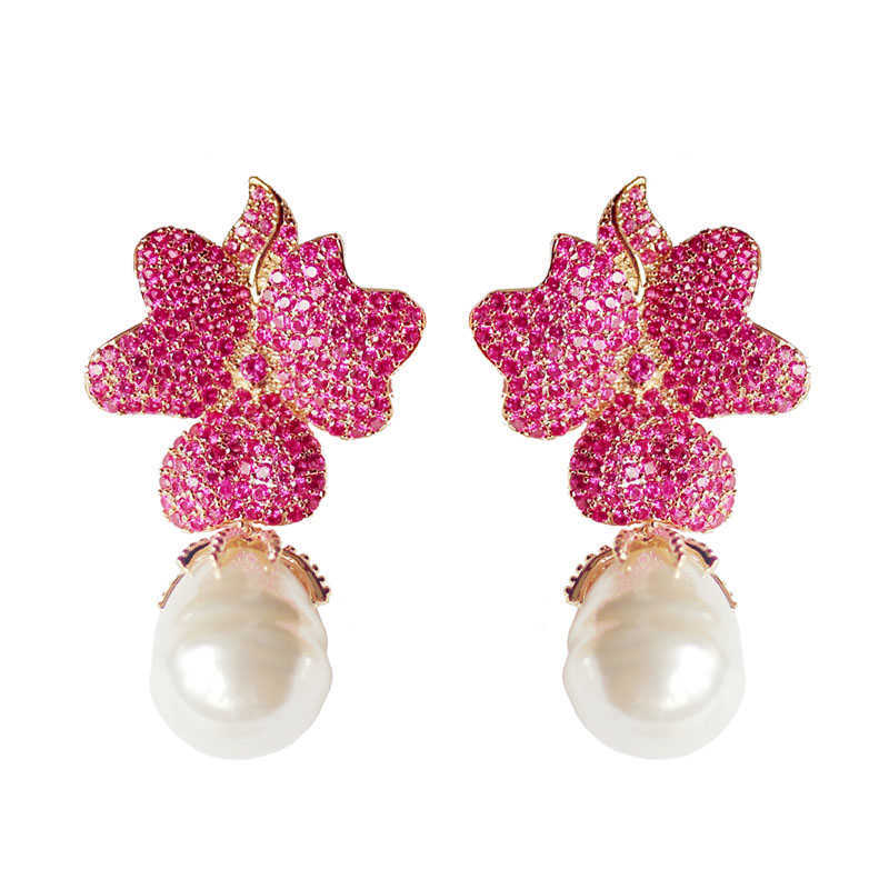 Fashion Rose red Big Flower Full stone Setting Irregular Pearl Drop Earring Party Jewelry Gift Wedding bride Accessories 210624