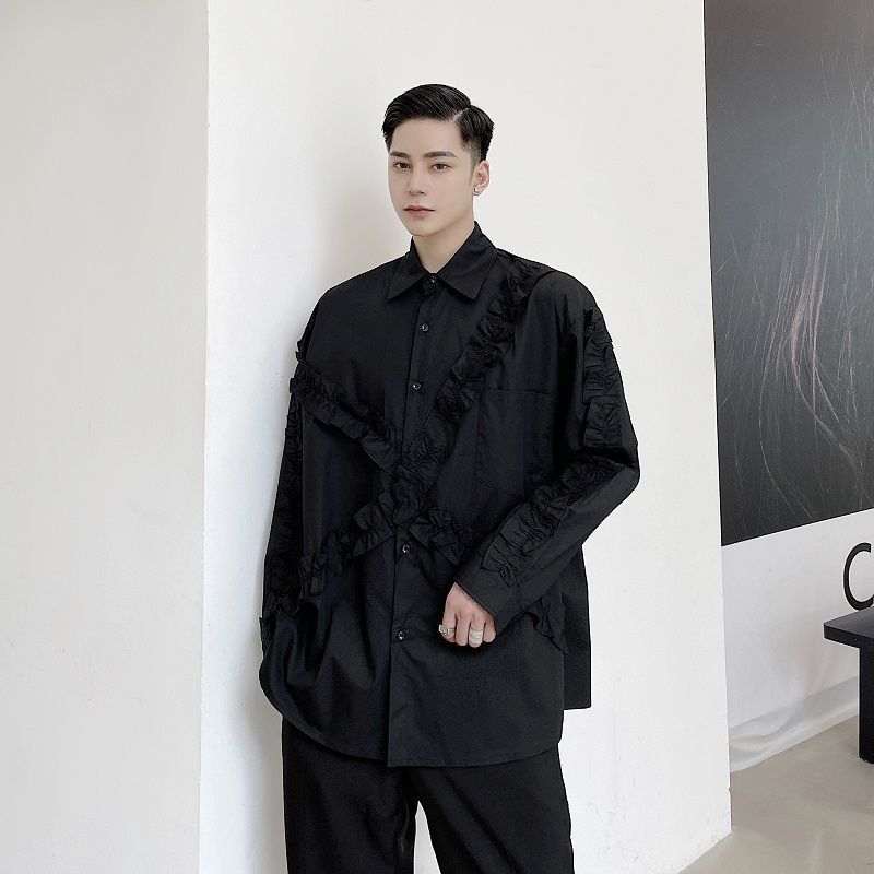 IEFB /men's wear niche personalized ruffled shirts for male Spring black white oversize fashionable tops 9Y3747 210524