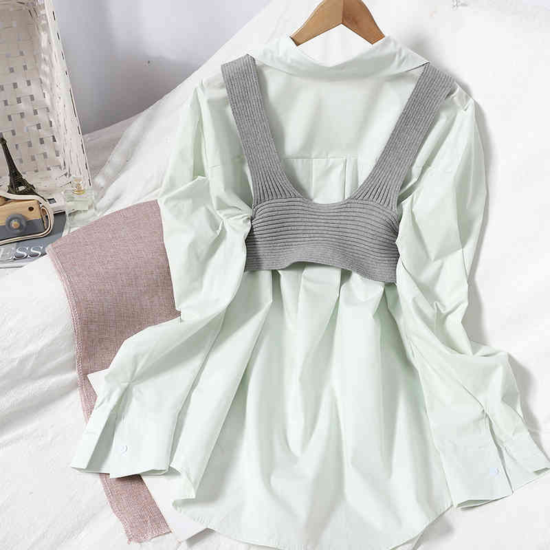 Nomikuma Two Piece Blouse Sets Puff Sleeve Medium-long Blouses Shirt + Knitted Slim High Waist Short Vest Women Outfits 6D869 210427