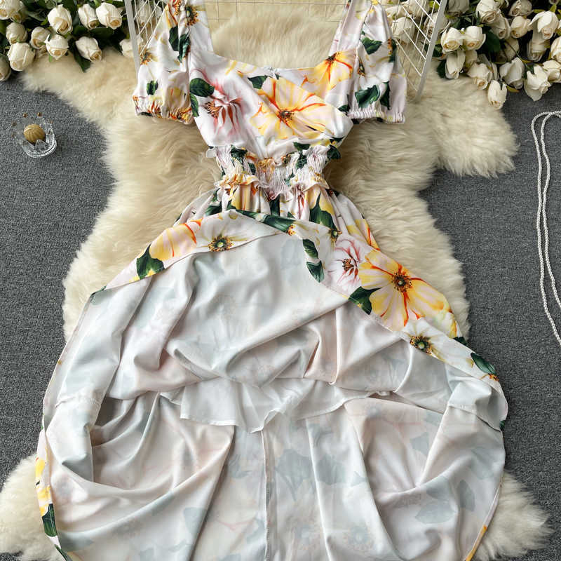 DEAT Women Printing Pleated Midi-long Dress Square Collar Short Sleeve Temperament Fashion Spring Summer 11D609 210709