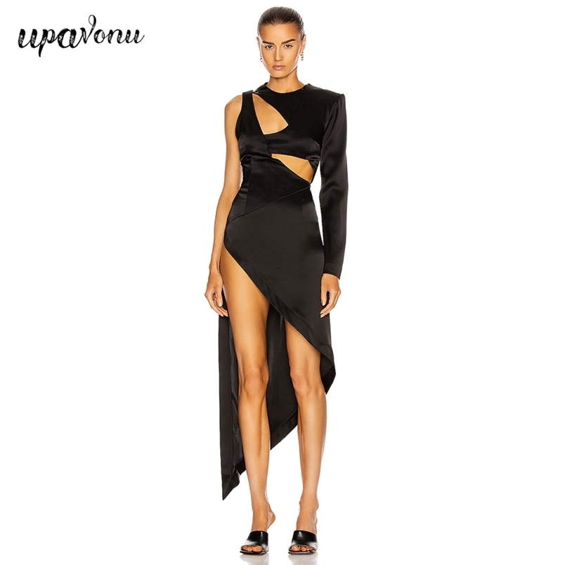 Free Women's Sexy Midi Dress Round Neck One Shoulder Long Sleeve Bodycon Hollow Club Party Split Vestido 210524