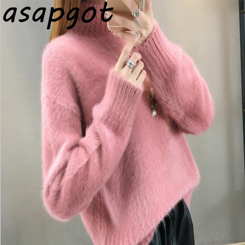 Minimalism Mohair Fashion White Half Turtleneck Plus Size Winter Sweaters Chic Korean Loose Outwear Knitwear Tops Pull Solid 210429