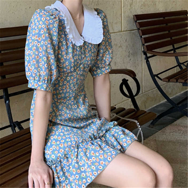 Women Chiffon Dress Summer Fashion Female Puff Sleeve Vintage Floral Print Peter Pan Collar Boho Casual Vestidos 210623