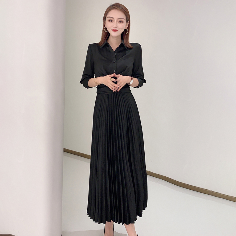 VGH Vintage Pink Shirt Dress For Women Lapel High Waist Pleated Elegant Midi Dresses Female Fashion New Clothing Spring Style 210421