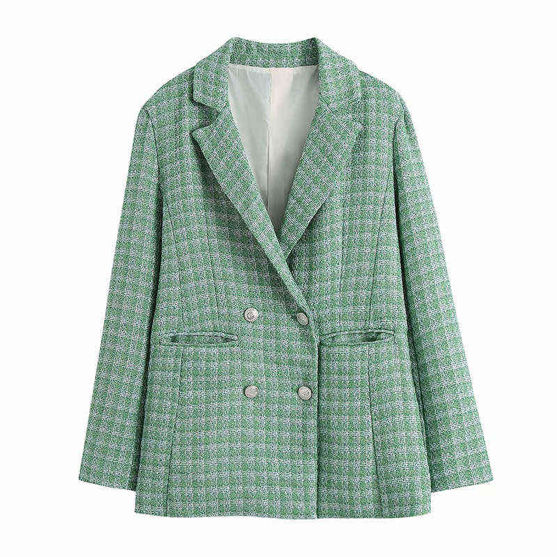 Women's Vintage Plaid Double Breasted Tweed Blazers Coat Women Elegant Office Ladies Long Sleeve Female Outerwear Blaser 211122