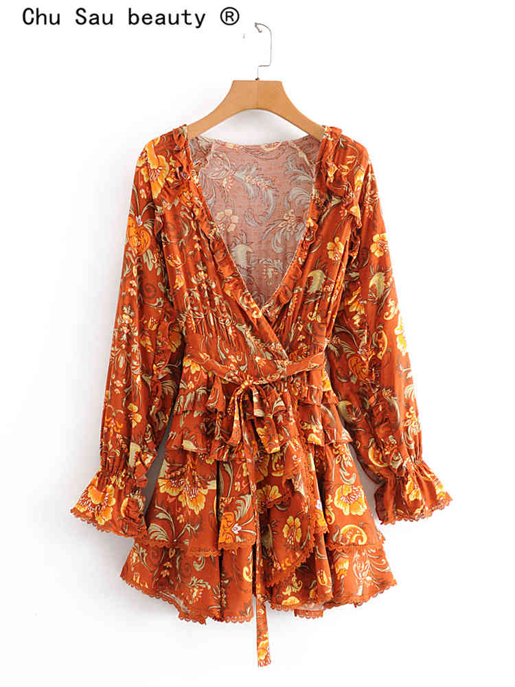 beauty Fashion Boho Floral Print Mini Dress Women Holiday Chic Ruffles V-neck Summer Dresses Mujer Vestido De Moda 210514
