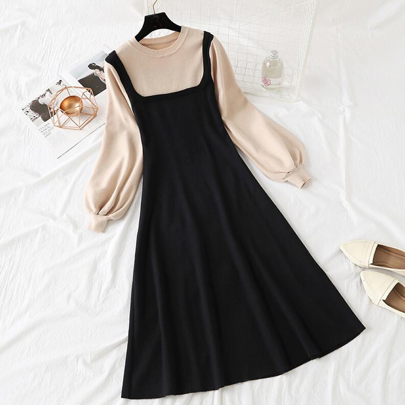 Spring Autumn A-line Knitted Dress Women Elegant Patchwork Slim Sweater Dress Lantern Sleeve Party Vestidos High Quality 210521