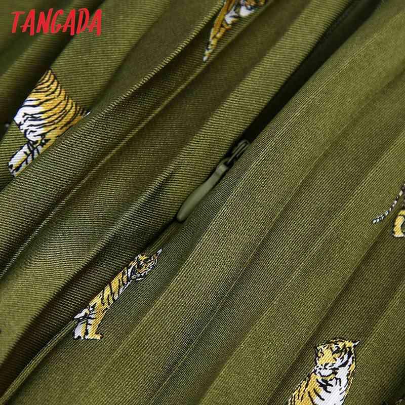 Women Print Green Pleated Midi Skirt Faldas Mujer Vintage Side Zipper Office Ladies Elegant Chic Mid Calf Skirts BE426 210416