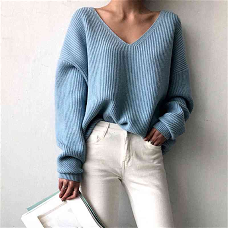 Korean Solid V-neck Pullover Sweater Women Winter Long Sleeve Fashion Loose Ladies Female Tops Jumpers Femme 210514