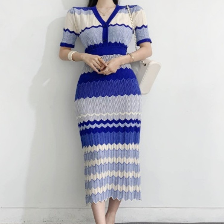 Korean Autumn 2 Piece Set Women Chic Temperament Short-Sleeved Knitted Sweater + High Waist Bodycon Pencil Midi Skirt Suit 210519