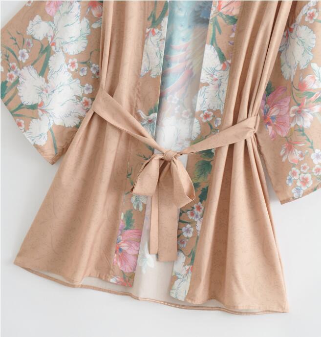 Bohemian V neck Peacock Flower Print Kimono Shirt Ethnic Lacing up Sashes Middle Long Cardigan Loose Blouse Tops femme 210429