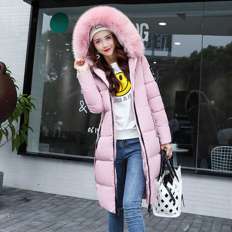 Women's Down Parkas Winter Jacket Big Fur Collar Thick Slim Coat Fashion Hooded Cotton Outerwear Long Woman 210923