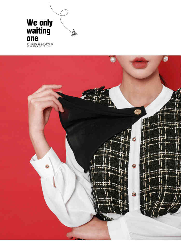 Spring Women Long sleeve Tweed Patchwork Blouses 2 Pieces Set+High Waist Plaid Wool Skirt Sets 210520
