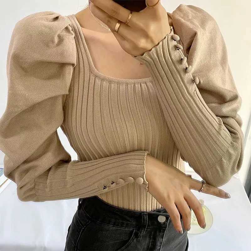 Sweater Women women's French restoring ways is knitting party brought the hubble-bubble sleeve sweater 210805