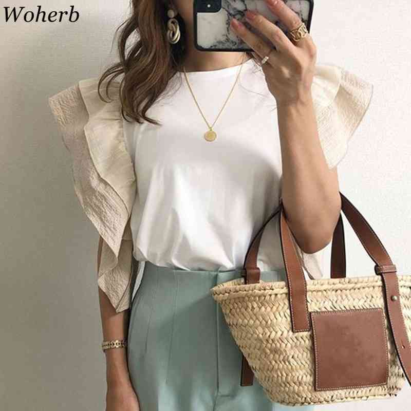 Summer Ruffle Patchwork Slim T-Shirt Women Flying Short Sleeve Tees Elegant Casual Tops Ladies O Neck Tshirts 210519
