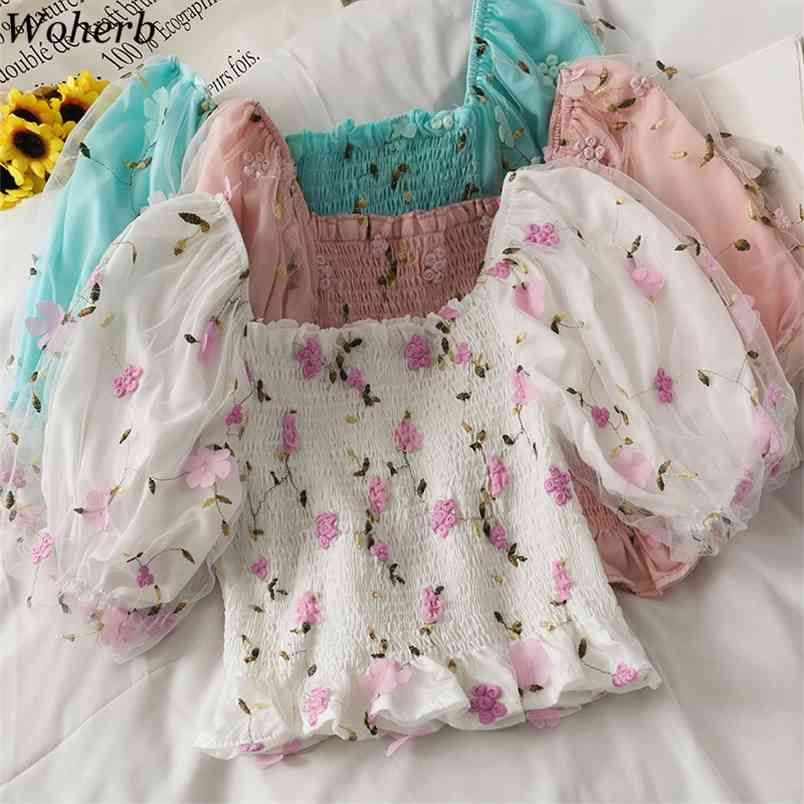Gauze Patchwork Crop Tops Women Summer Sweet Blsas Embroidered Puff Sleeve Square Collar Shirts Pleated Blouses 210519, Pink
Gauze Patchwork Crop Tops Women Summer Sweet Blsas Embroidered Puff Sleeve Square Collar Shirts Pleated Blouses 210519, Pink
