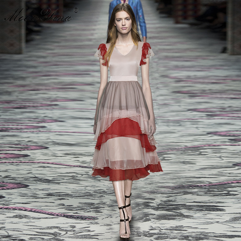 Fashion Runway dress Summer Women's Dress Butterfly Sleeve V-neck Cascading Ruffle Elegant Party Dresses 210524