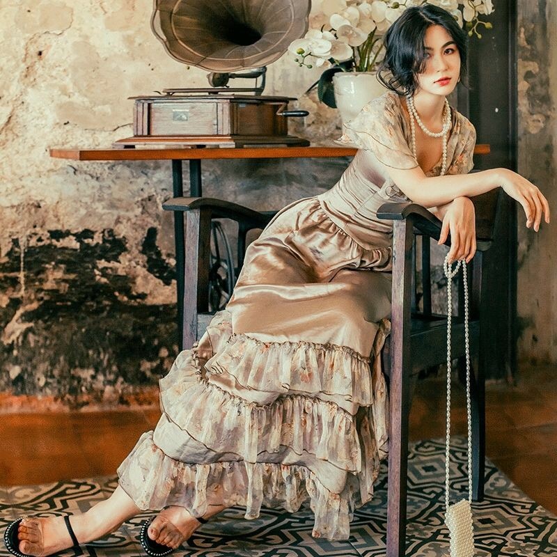 vintage vesdios long dresses ruffles floral print v neck butterfly sleeve summer party patchwork high waist 210421