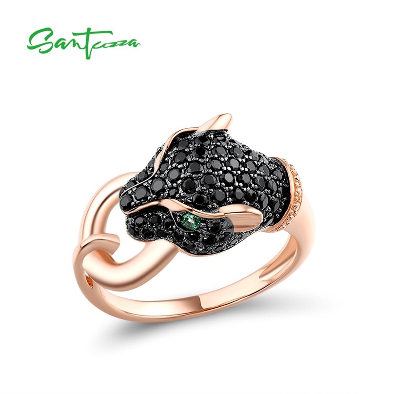 SANTUZZA Silver Ring For Women Pure 925 Sterling Black Green Spinel Leopard Panther Trendy Party Fine Jewelry 211217